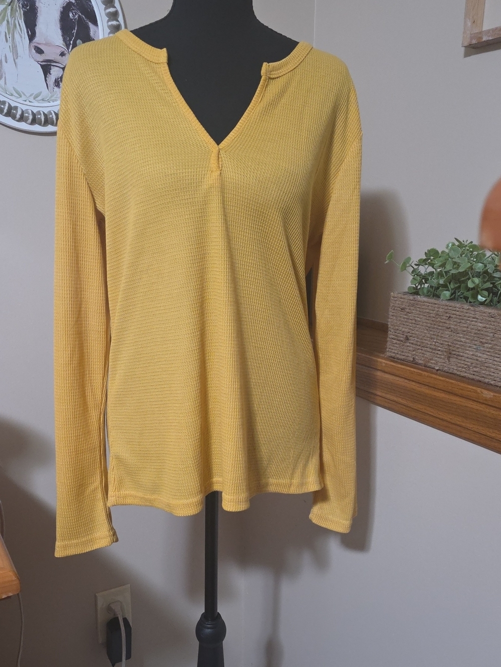 Women’s Split-Neck Waffle Knit Long Sleeve Top - Yellow